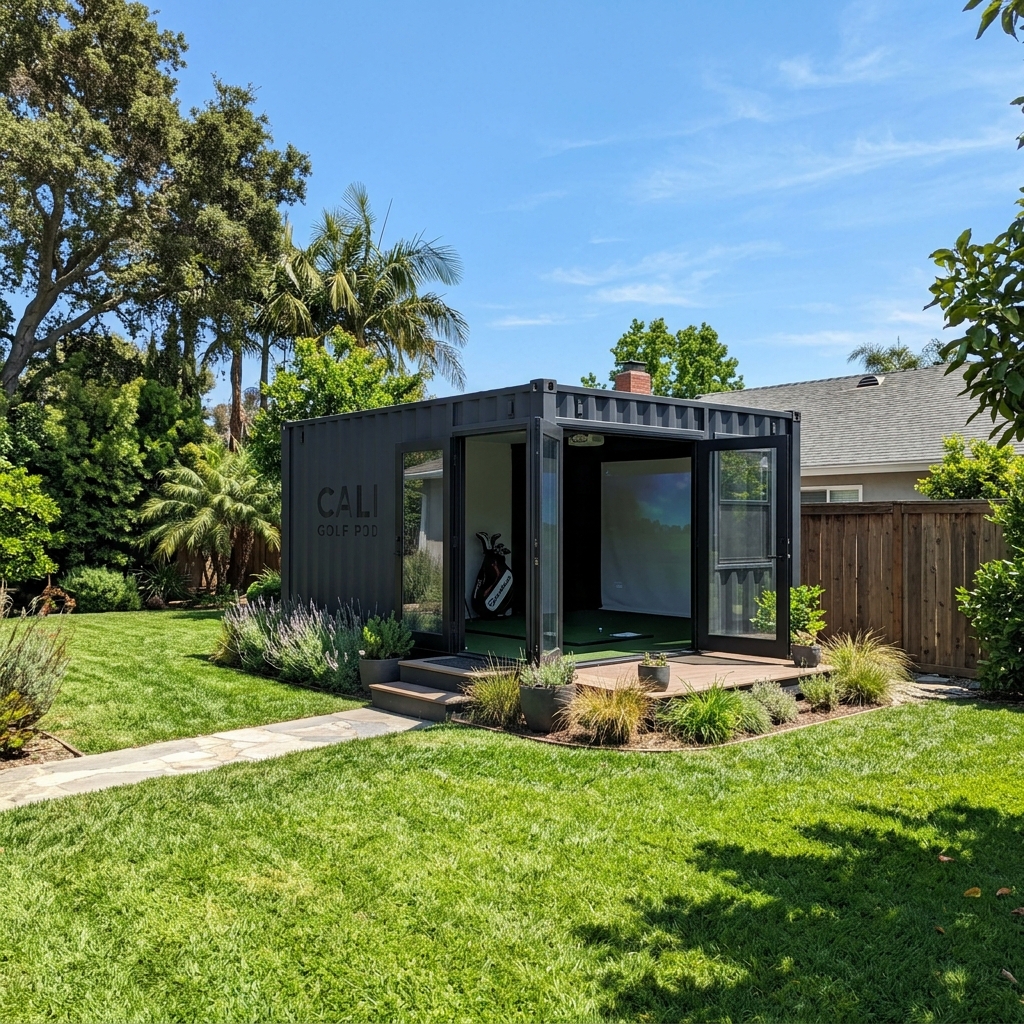 Container golf simulator placed in a backyard