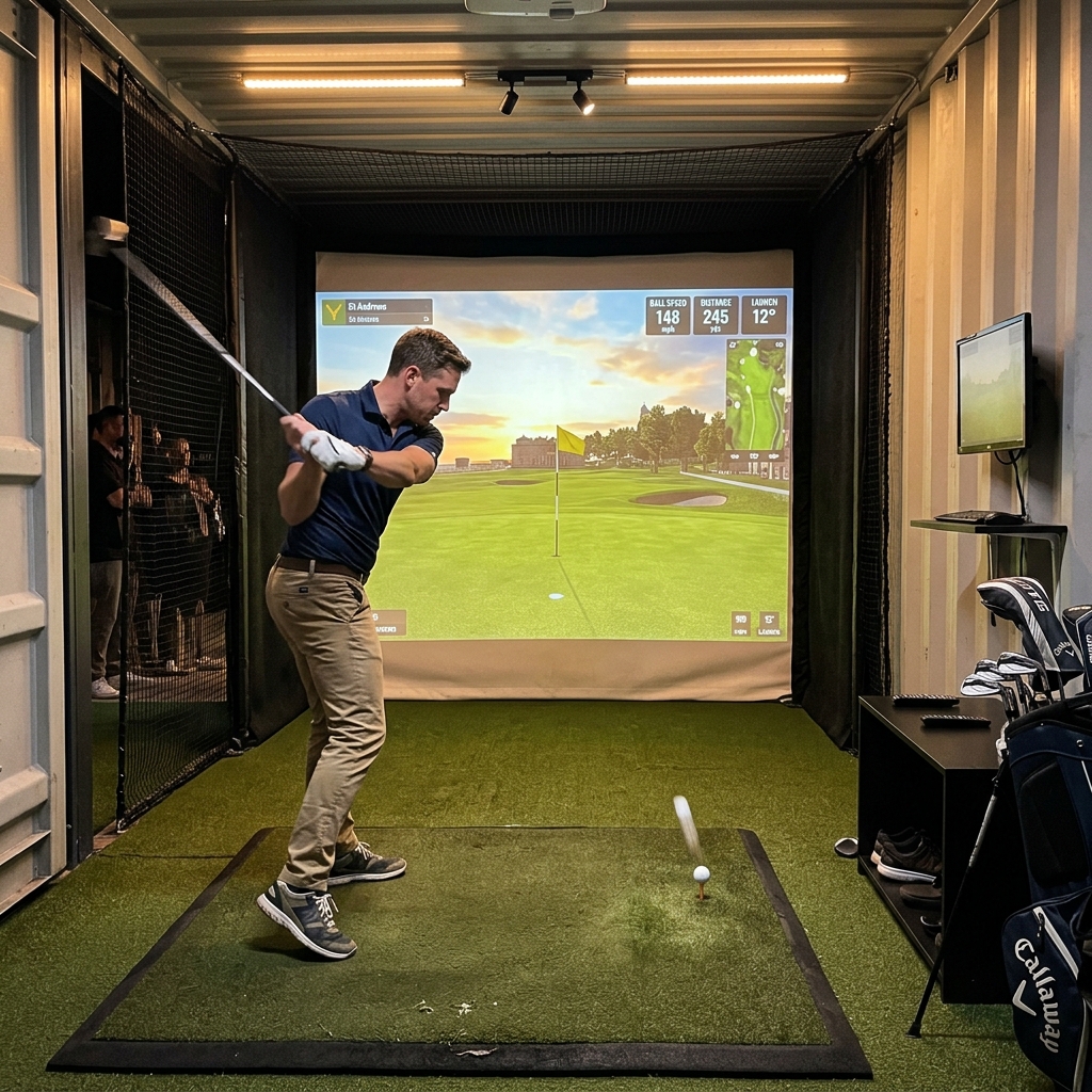 Golfer playing inside the simulator studio